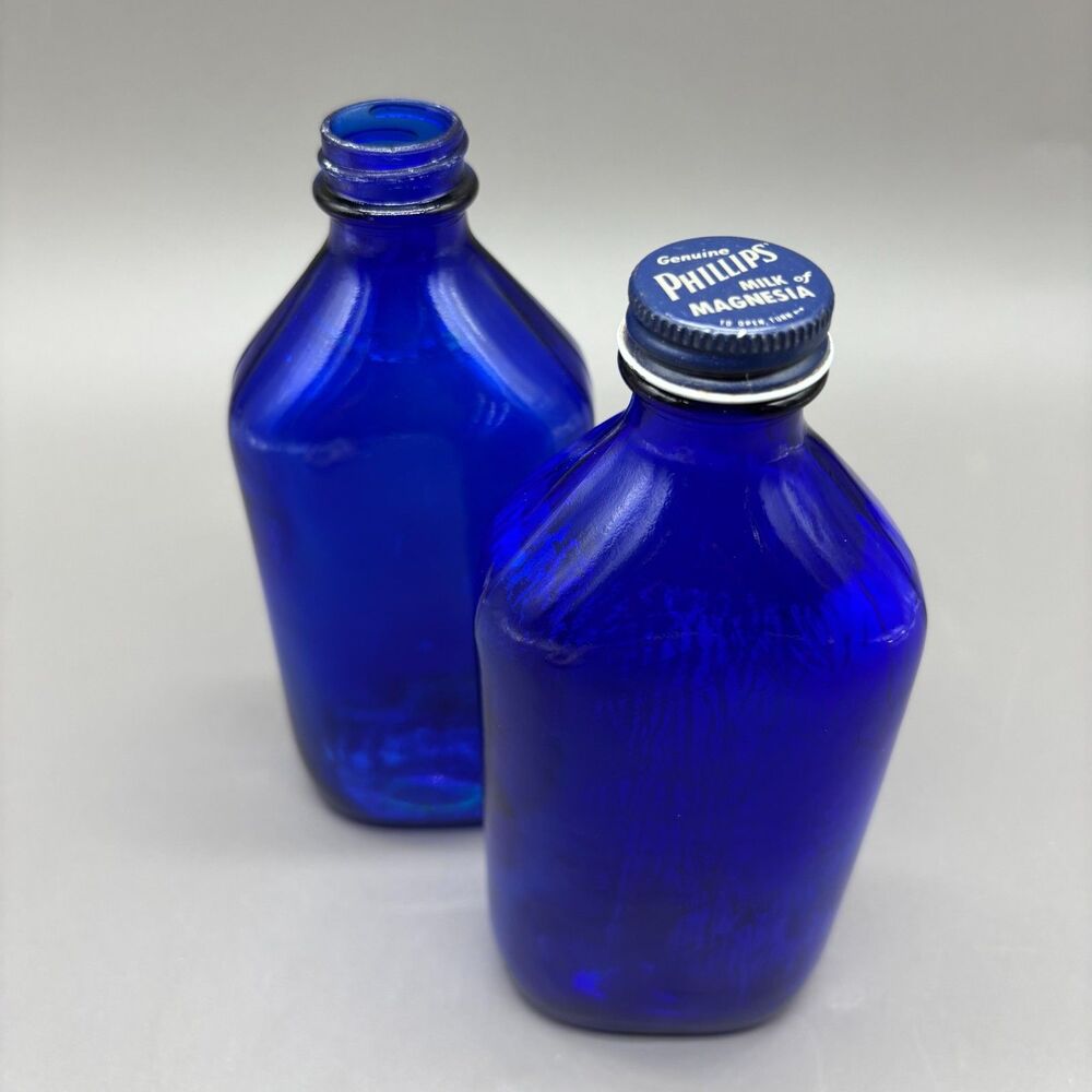Vintage Cobalt Blue Glass Bottle Phillips Milk of Magnesia Apothecary Lot of 2
